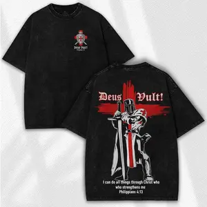 Deus Vult Washed Tee - Medieval Christian Streetwear - Crusader Knight & Philippians 4:13 Design