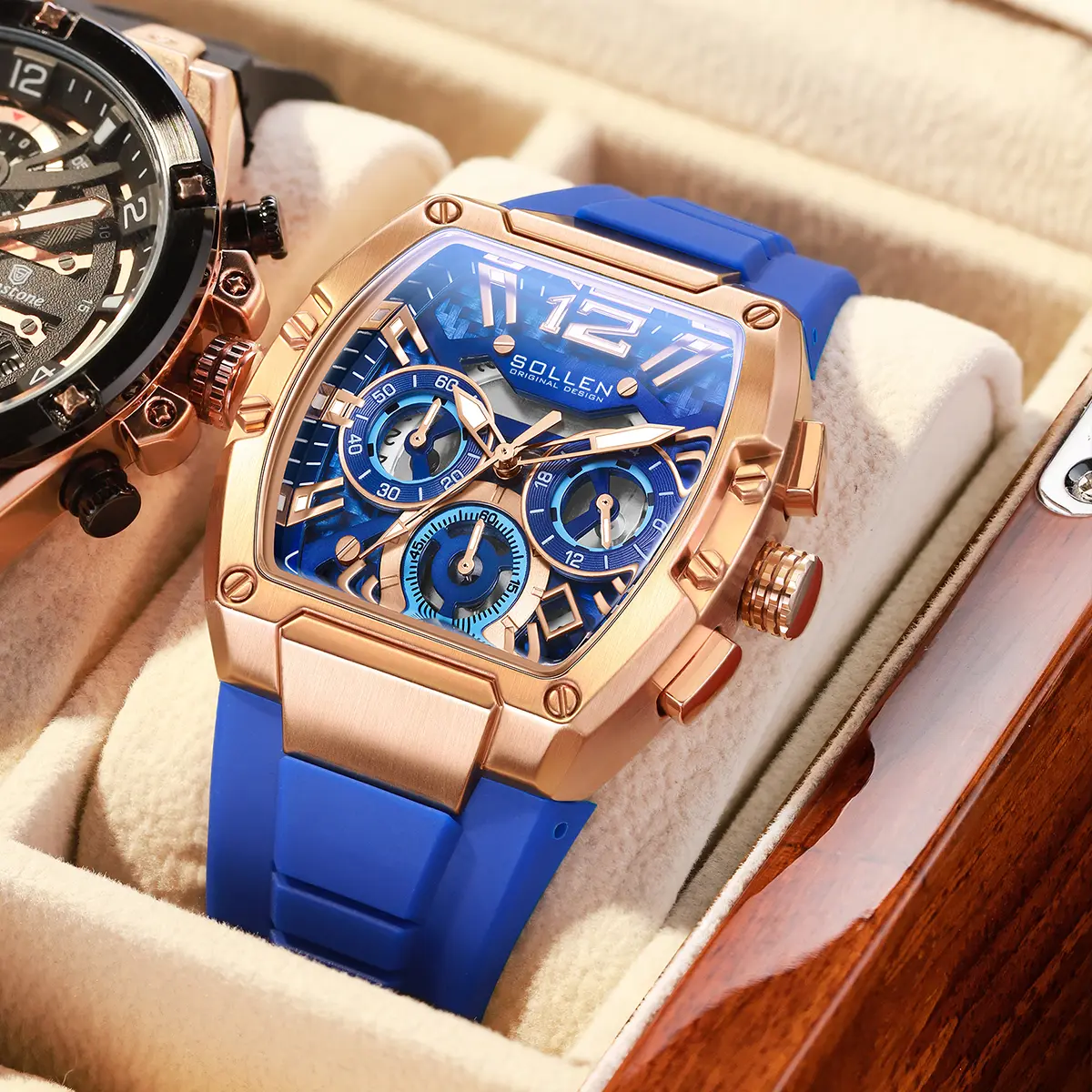 SOLLEN 719 Men's Tonneau Case Quartz Watch 24-Hour Chronograph Calendar Multifunctional Luminous Waterproof Design Silicon Strap Trendy Sporty Fashionable Watch Perfect Gift for Boyfriend Husband or Dad Birthday Valentine's Father's Day or Wedding