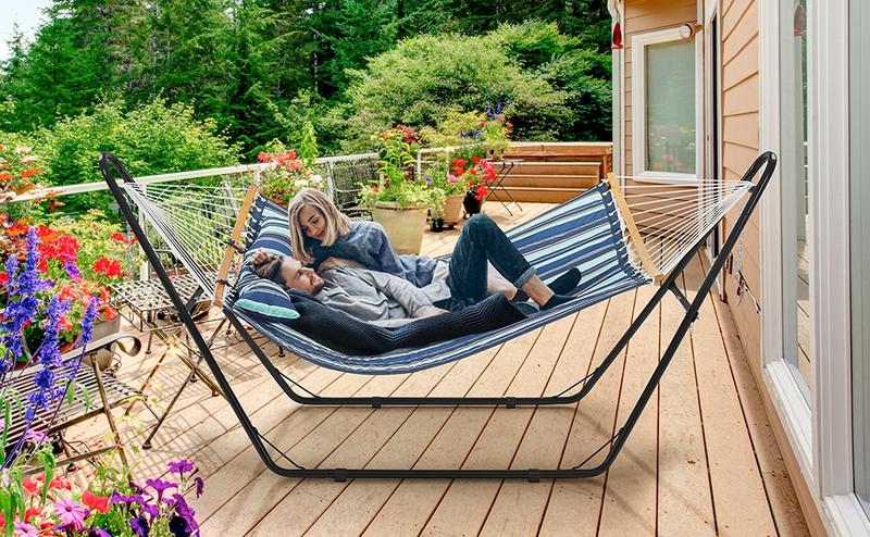 【2-3 People, Double Stand】Yaheetech Heavy-Duty 55in Hammock with Steel Stand, Padded Hammock for Outdoor Balconies/Porches/Patios/Decks/Backyards, 475LB Capacity