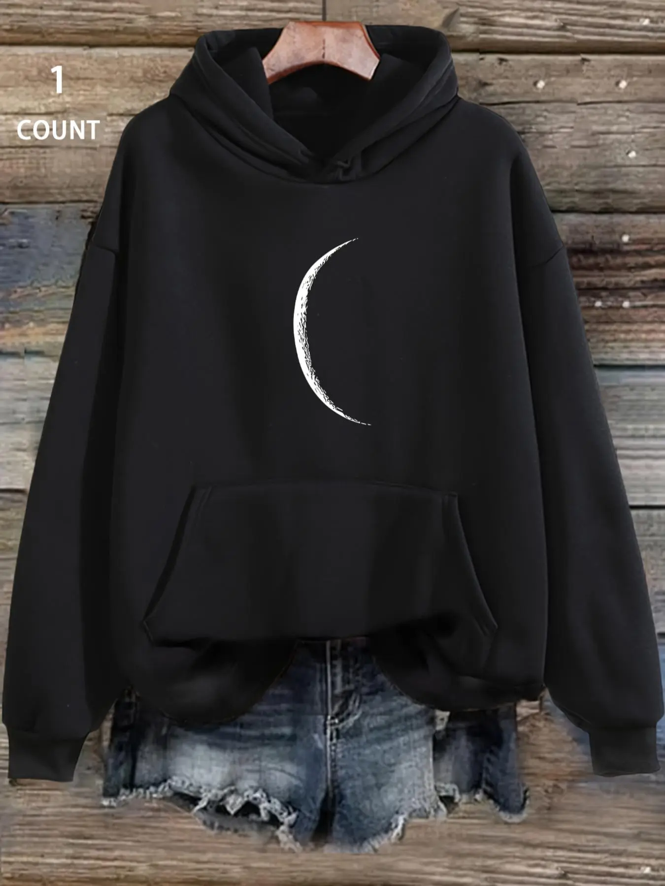 Women's Moon Graphic Print Drop Shoulder Adjustable Drawstring Gift Hoodie, Printed Hooded, Casual Long Sleeve Kangaroo Pocket Hooded Sweatshirt for Fall & Winter, Women's Clothes for Daily Wear, Womenswear Tops, Fabric