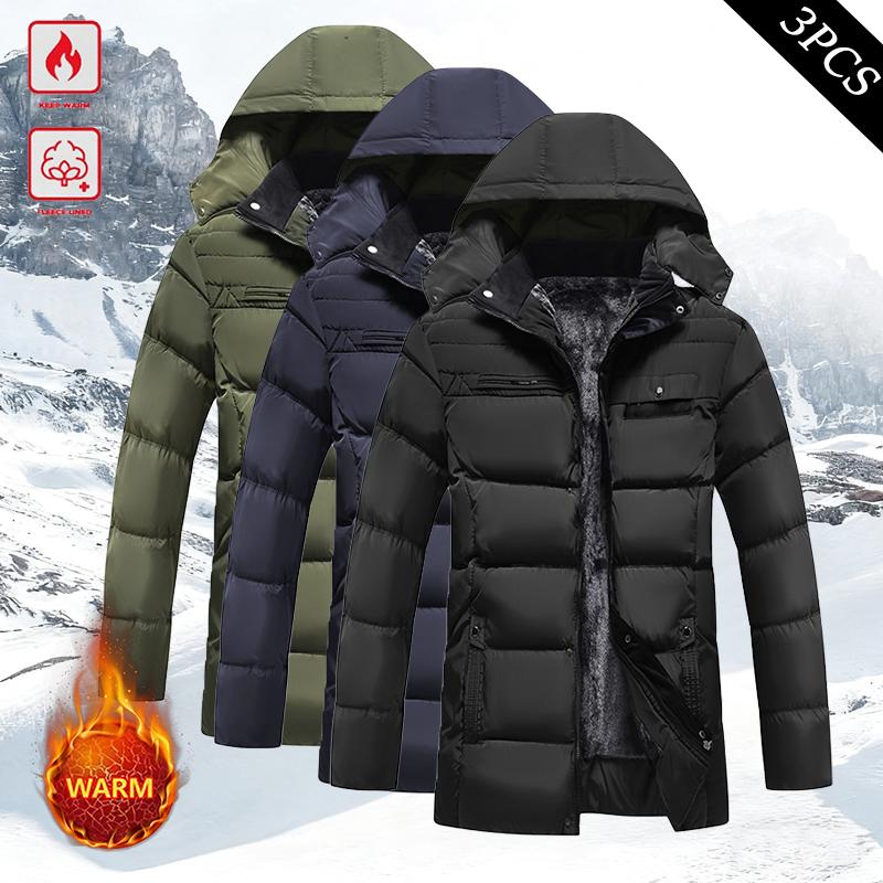 Men's Winter Long Cotton-Padded Fleece Hoodie – Warm Thick Cotton Jacket with Removable Hood and Zipper Front Closure; Perfect for Various Occasions Such as Hiking Trips and Daily Commutes; A Must-Have Versatile Piece for Men's Wardrobes