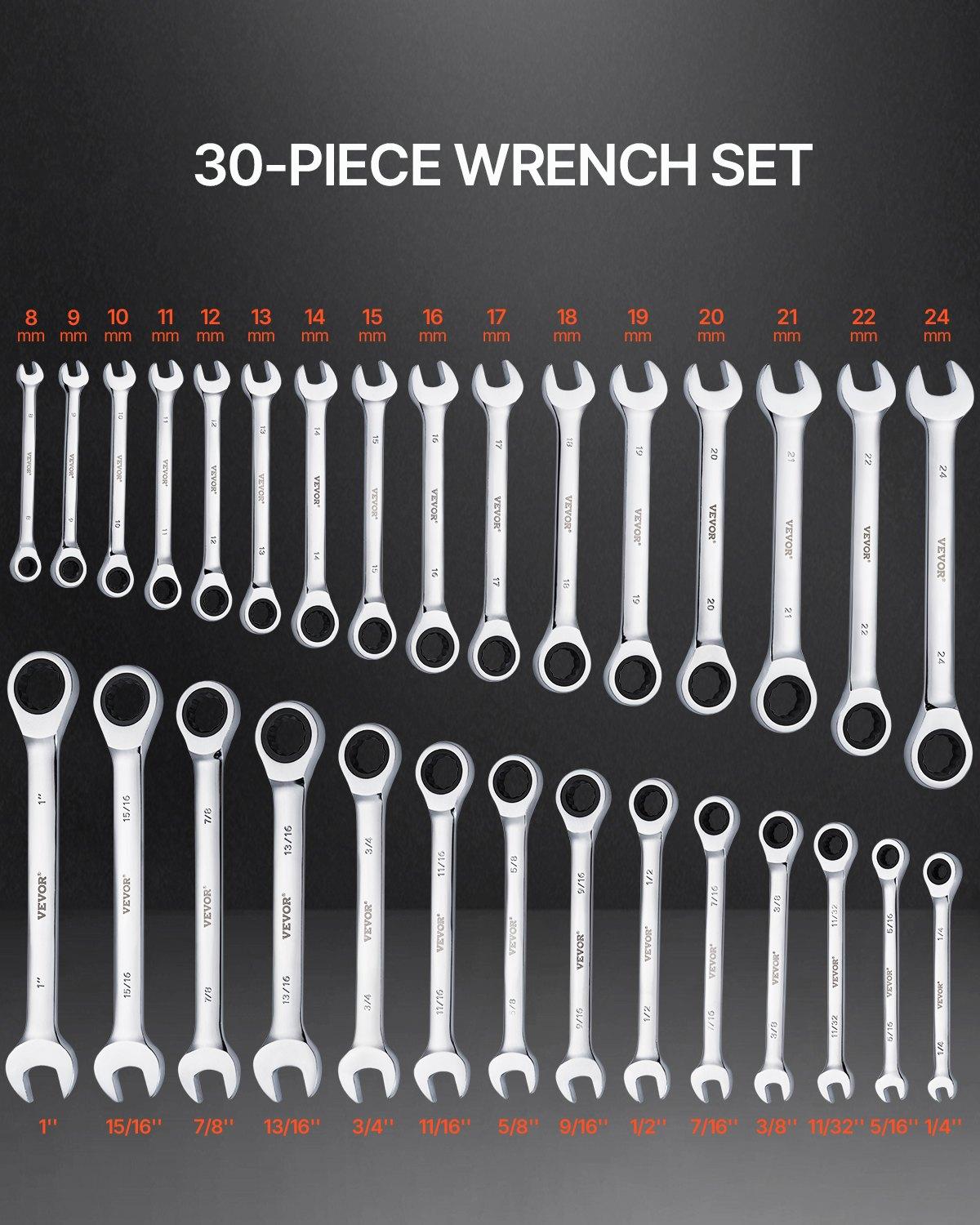 VEVOR Combination Wrench Set 30 PCS SAE 1/4" to 1", Metric 8mm to 24mm Organizer Rack