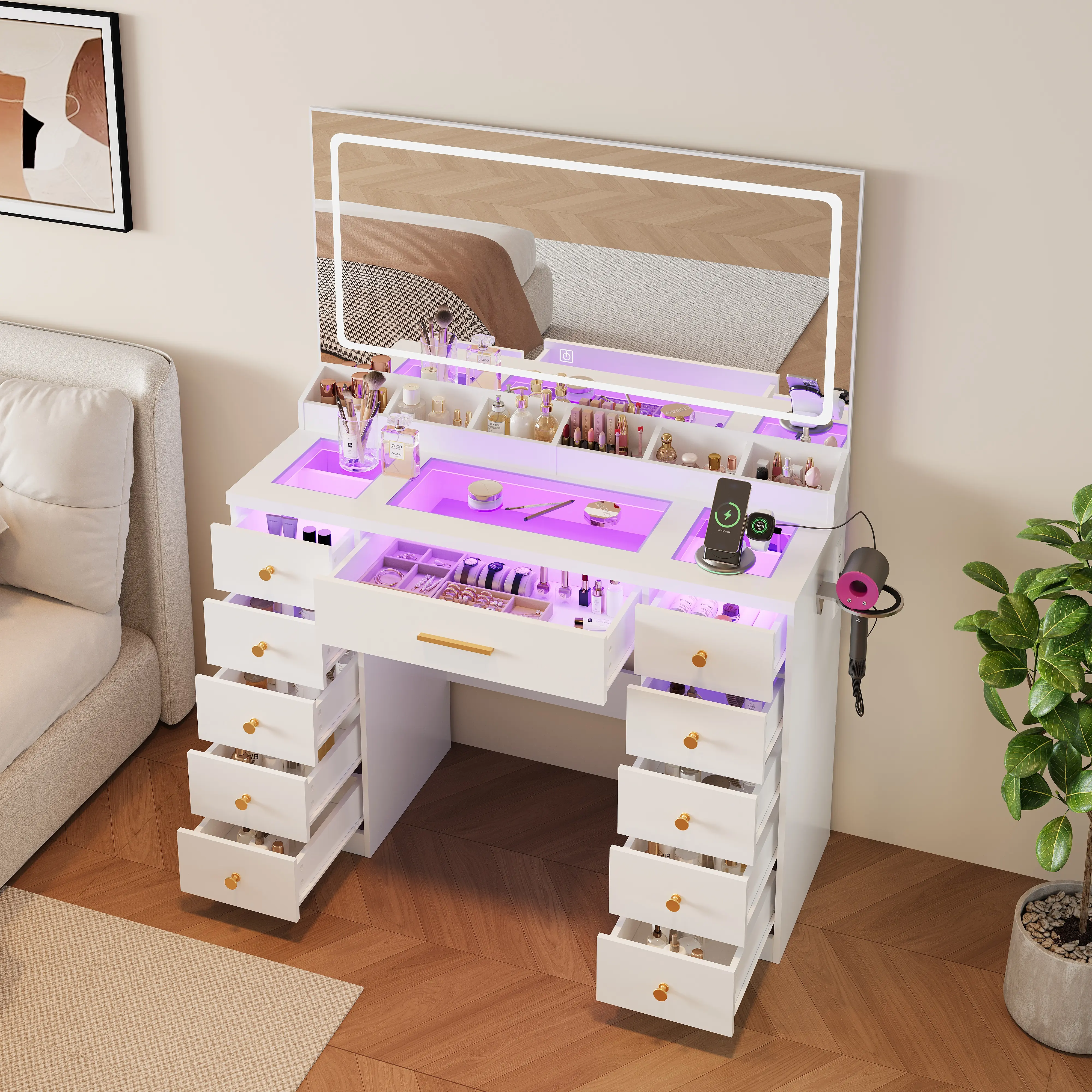 LAKEMID Vanity Table with Large Mirror, LED Lighting, and Power Outlet