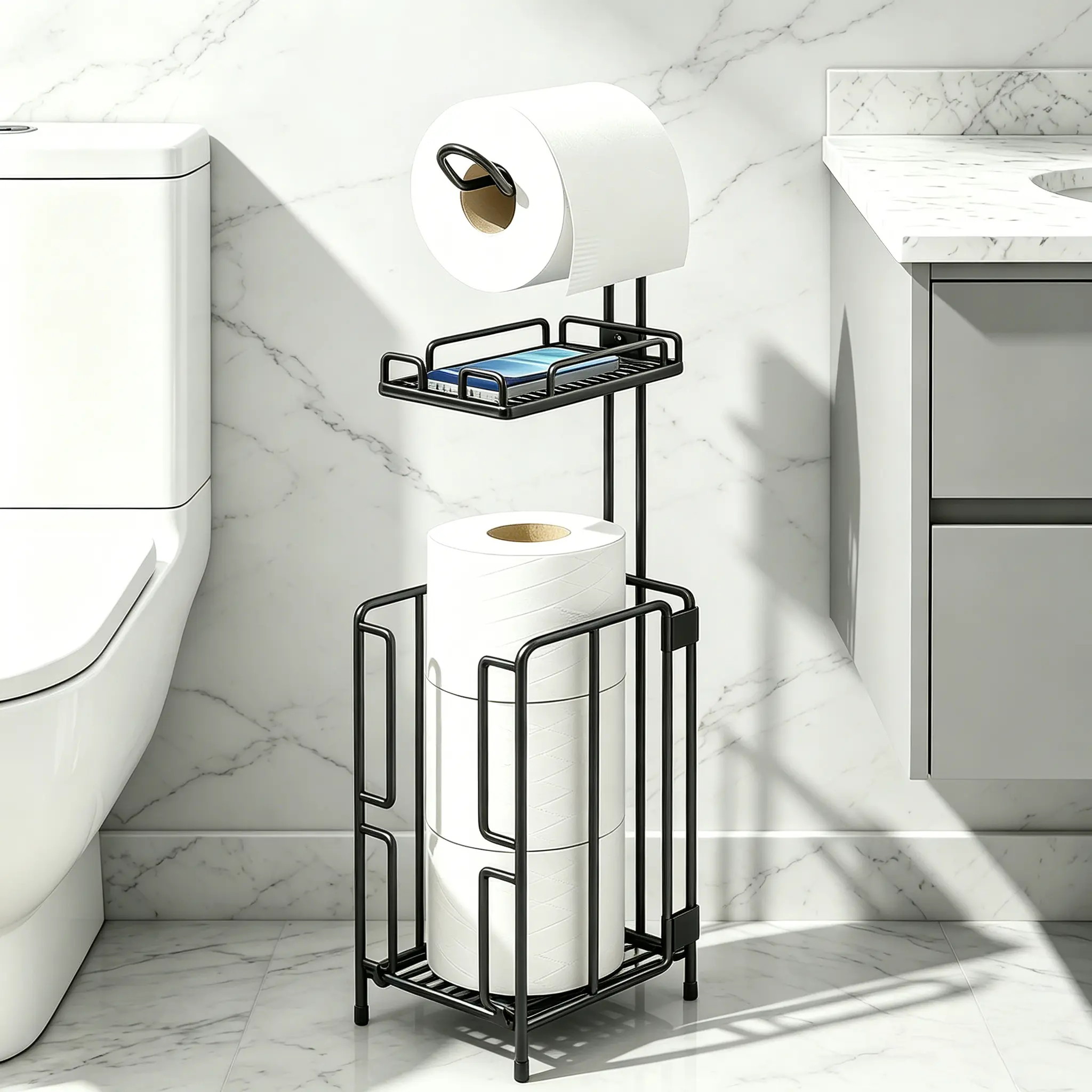Independent tissue holder, a storage rack for multiple rolls of spare tissues and toilet paper. With a divider, it can hold mobile phones and wet wipes. Suitable for bathrooms, bathrooms, bedrooms, and living rooms