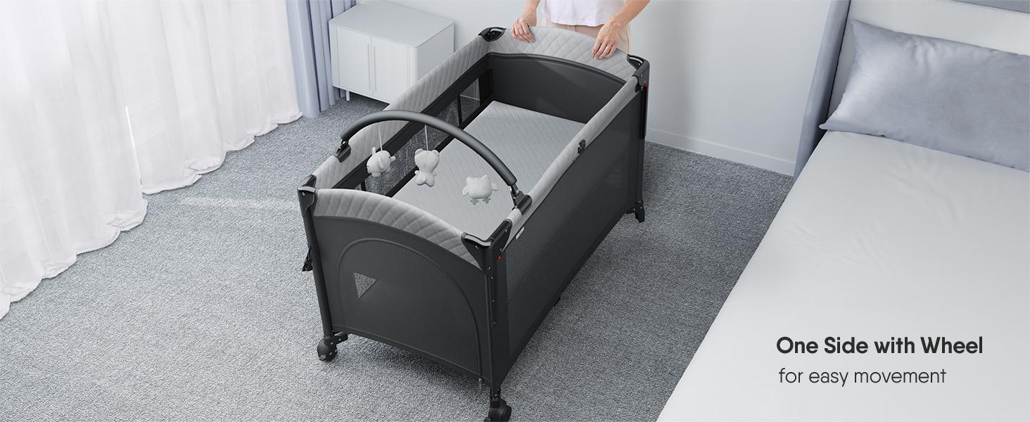 BabyBond Baby Crib 5 in 1 Foldable Baby Bassinets Bedside Sleeper,Large Playard Pack with Mattress, Storage Basket and Mosquito Net, Height Adjustable for Nursery, Ideal Chirstmas Gift for Baby,  Babyshower Gift