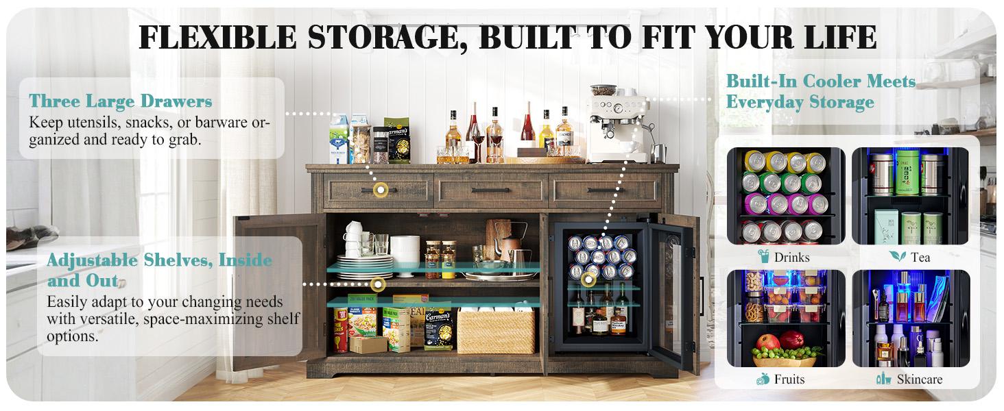 [Ships in 2 Boxes] AMERLIFE 60" Farmhouse Coffee Bar Cabinet with Beverage Fridge (Included), Wine Bar Cabinet with Drawer Storage, Mini Fridge Cabinet, Sideboard Cabinet for Dining Room, Living Room