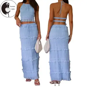 Women Summer Outfit Shirred Tie-up Halter Neck Sleeveless Open Black Tank Blue Tops Drawstring Long Skirt 2 Pcs Set Polyester Ruffle Polyester Womenswear Bohemian Boho Multi-Color ShortGift