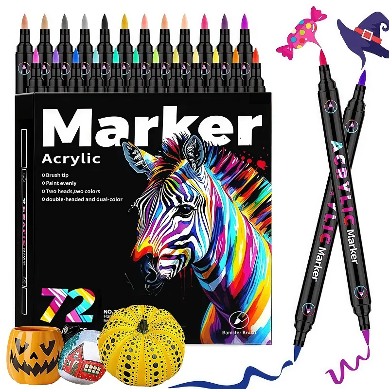 72 Colors Dual-Tip Waterproof Watercolor Pens, Acrylic Paint - Suitable for Rock Painting, Fabric, Metal, Glass, Wood, Canvas, Ceramic, Eggs, Pumpkins