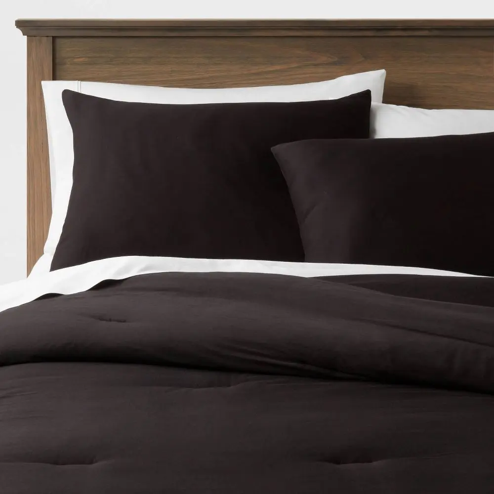 Twin/Twin Extra Long Washed Cotton Sateen Comforter and Sham Set Black - Threshold: OEKO-TEX Certified Midweight Fabric