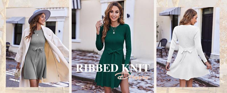 Women's Long Sleeve Dress Crewneck Pullover Sweaters A-Line Casual Swing Dress Bodycon Dress with Belt Thick Suitable for Fall and Winter