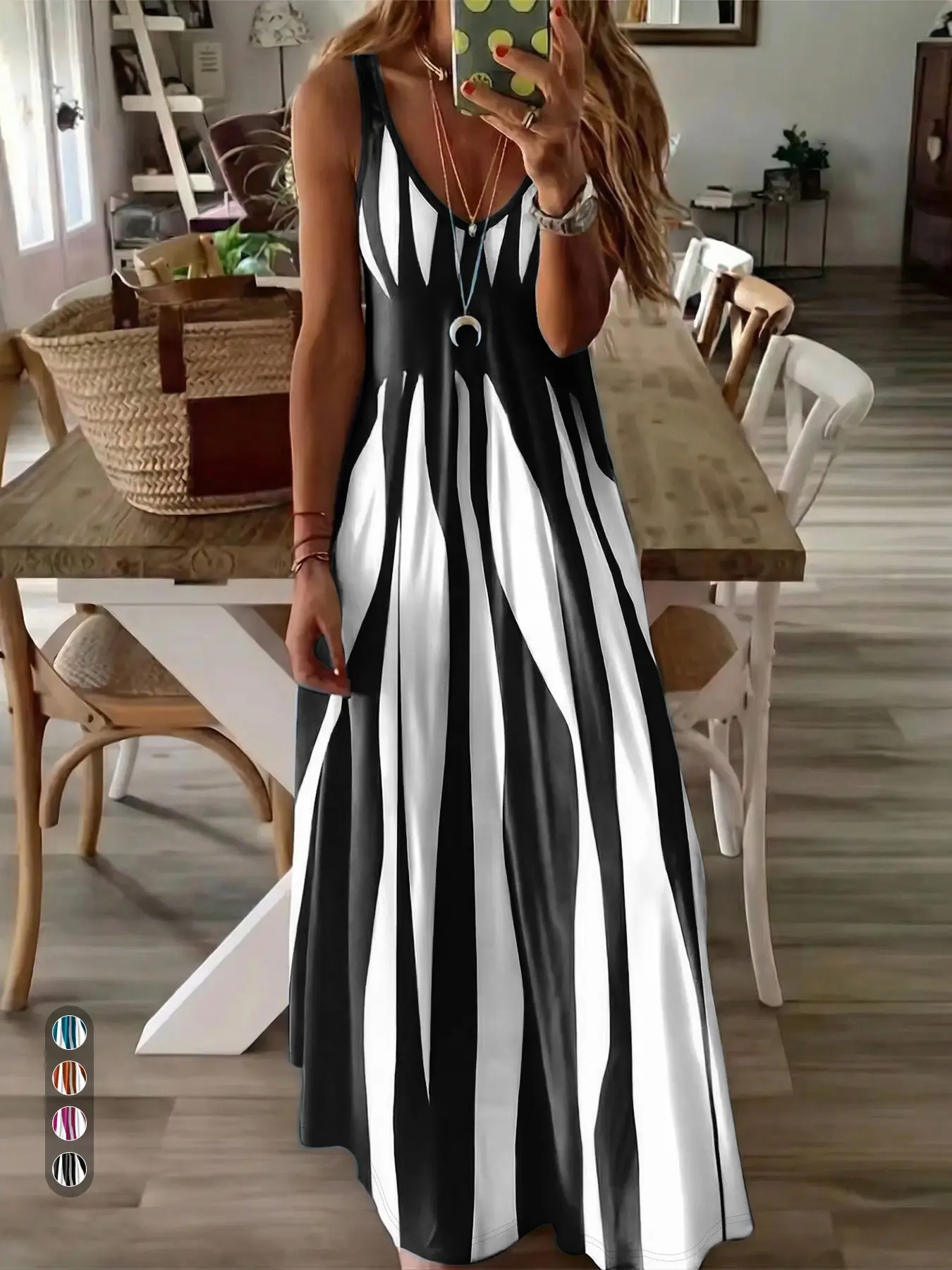 & Stripe Maxi Nightdress, Sleeveless, Spaghetti Strap, Comfortable Sleepwear for Women, Stylish Long Dress for Bedroom, Soft Fabric Evening Gown, Loungewear