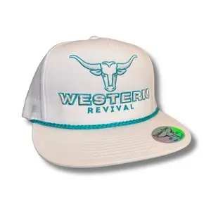 Western Revival Teal Western Longhorn Hat - White Mesh Cap with Turquoise Bull Logo and 3d Embroidery