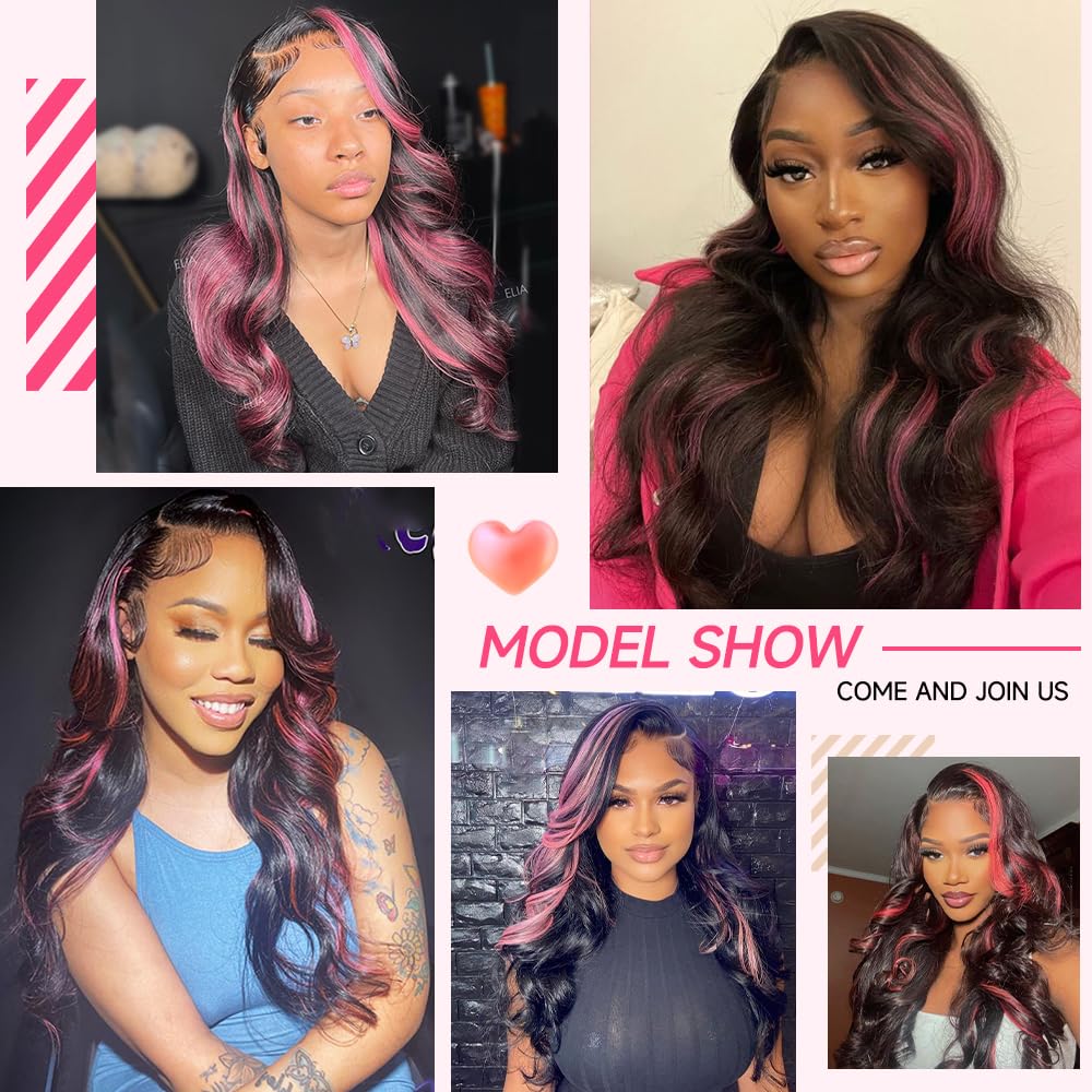 Highlight Ombre Lace Front Wig Human Hair 13x6 Body Wave 1B/Pink Colored Lace Front Wig Human Hair Pre Plucked With Baby Hair Black And Pink Wig Human Hair 200% Density 34 Inch Skunk Stripe Wig