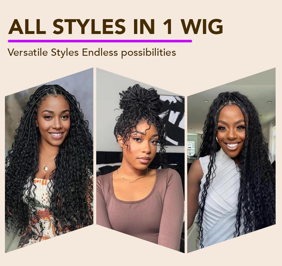 13x6 Boho Curls Braided Wigs Human Hair Pull Go Drawstring Cap HD Full Lace Frontal Wig Knotless Pre Cut Lace