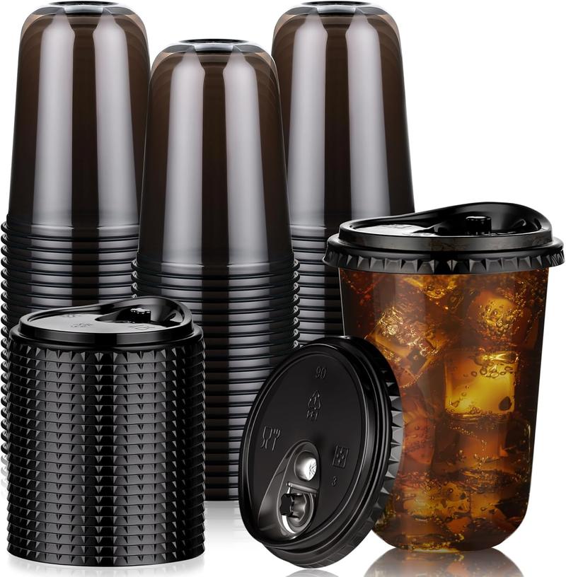 ZAKA MY KITCHEN 50 Pack 16oz Black Plastic Cups with Lids, Disposable Round Bottom Stemless Glasses with Sip Lids, To Go Iced Coffee Drinking Cups for Halloween Party Wedding Catering Events