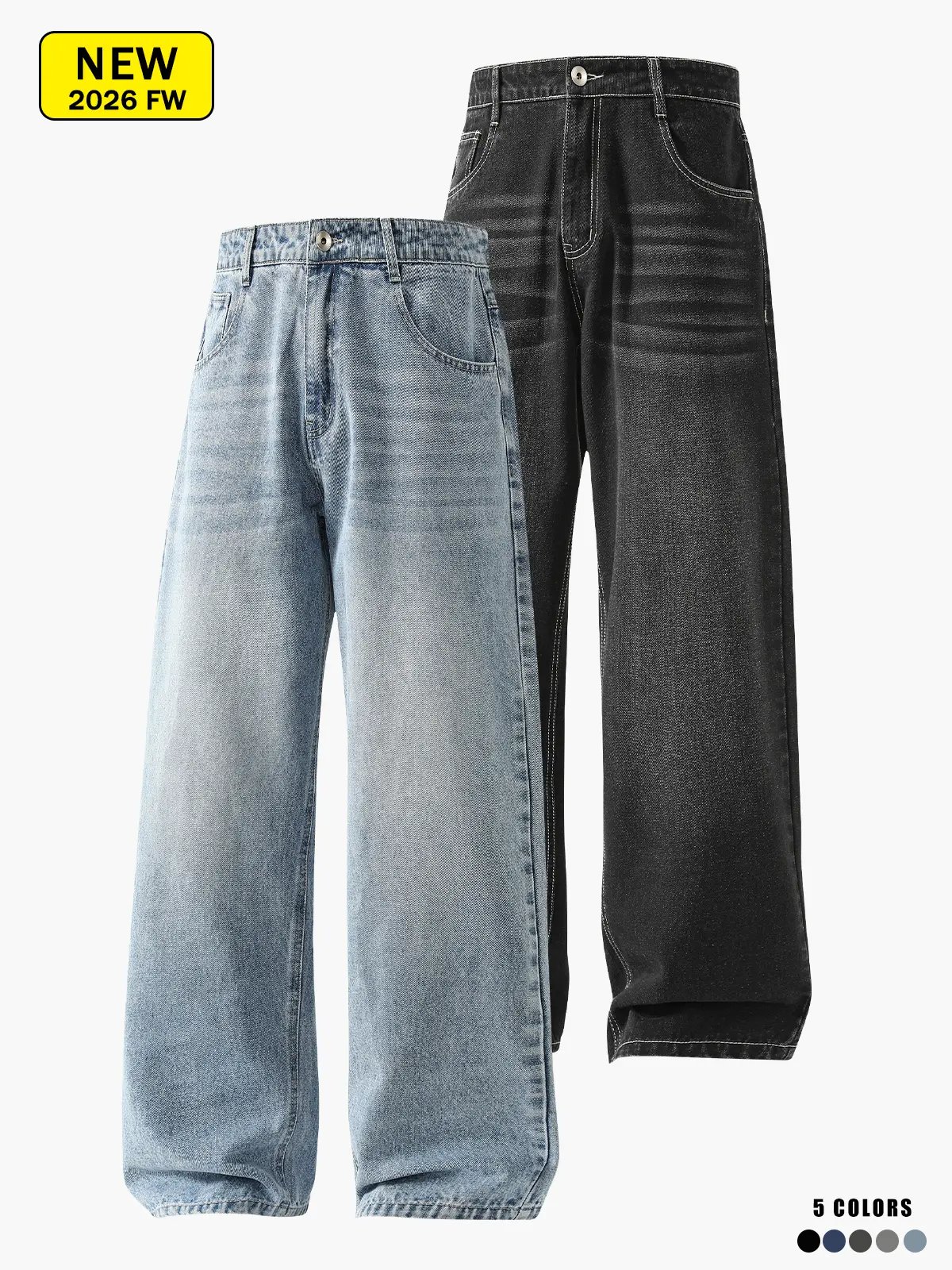 Men's loose straight-leg jeans, vintage style, suitable for street casual wear.