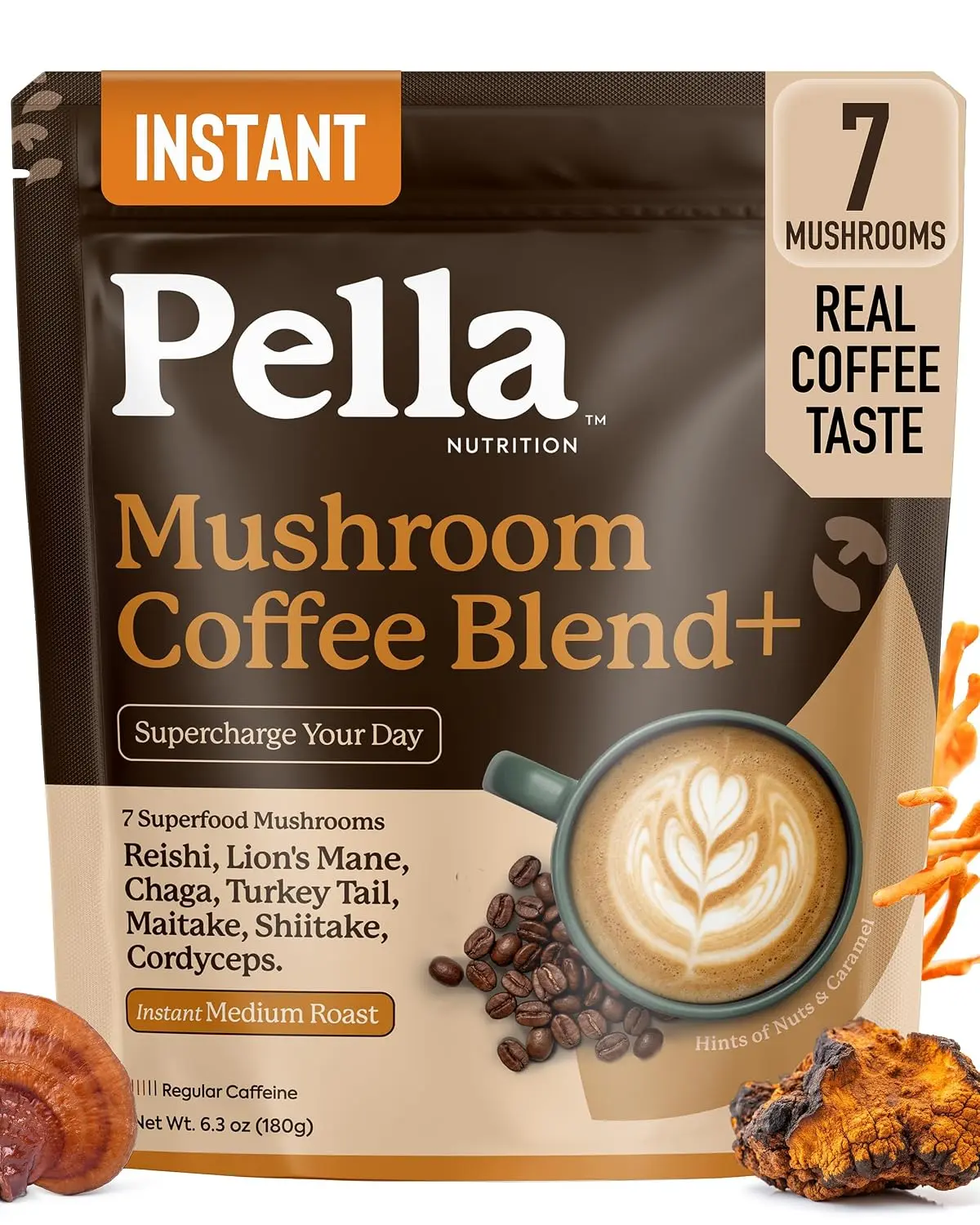Instant Mushroom Coffee Powder - Regular Caffeine, 60 Cups | 7 Mushrooms Lions Mane Turkey Tail & More with Arabica Coffee, 80-100 mg Caffeine, Medium Roast, 6 Calories, Vegan, 0g Sugar