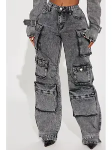 Billie Low Slung Cargo Jeans - Acid Wash Black Loose Fit Non Stretch Denim with Cargo Pockets & 10" Rise