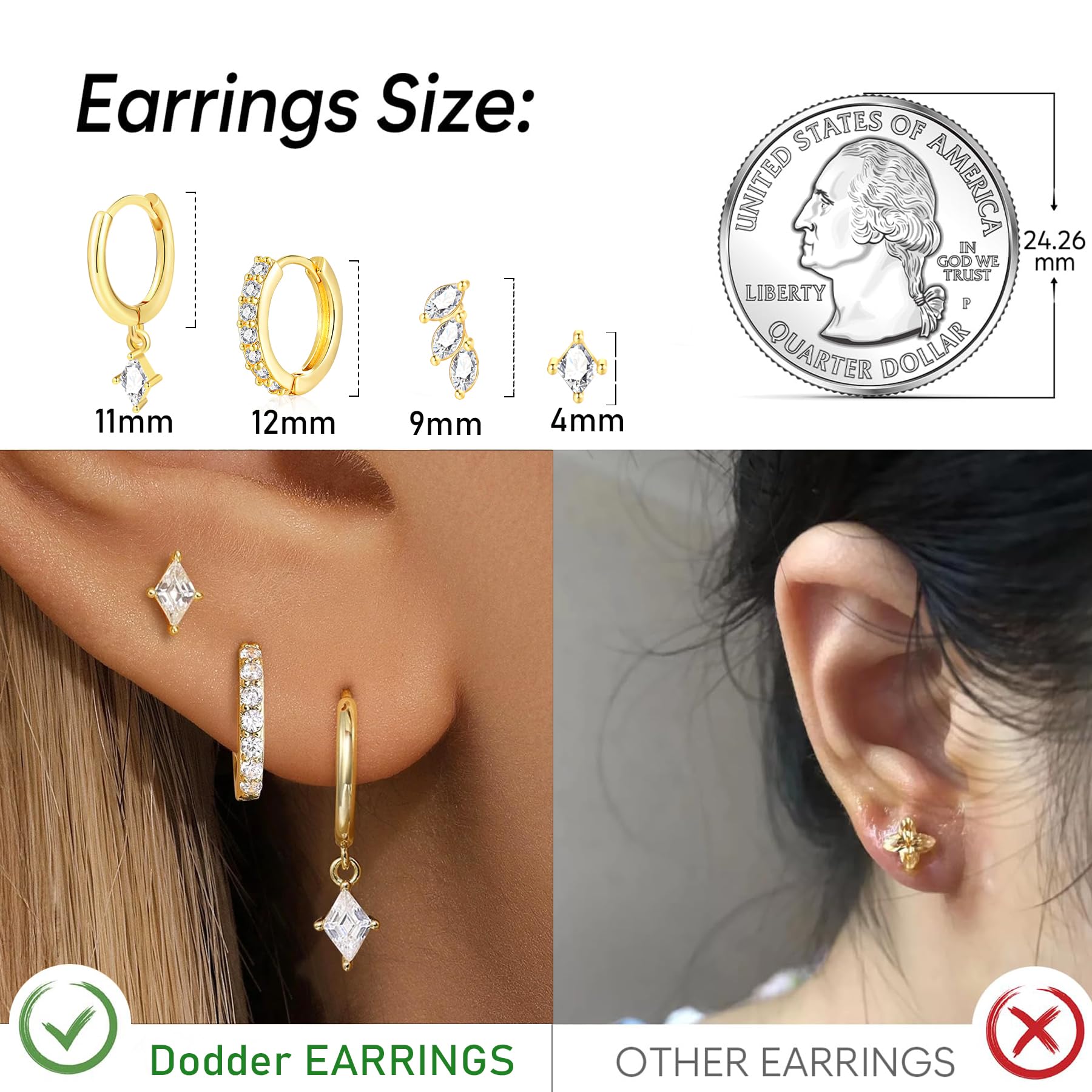 17KM   8 pcs 14K Gold Plated Huggie Earrings Set - Small Stackable Gold Hoop Dangle Earrings for Multiple Piercings, Hypoallergenic Brass Material Cute Minimalist Jewelry for Women Daily Wear