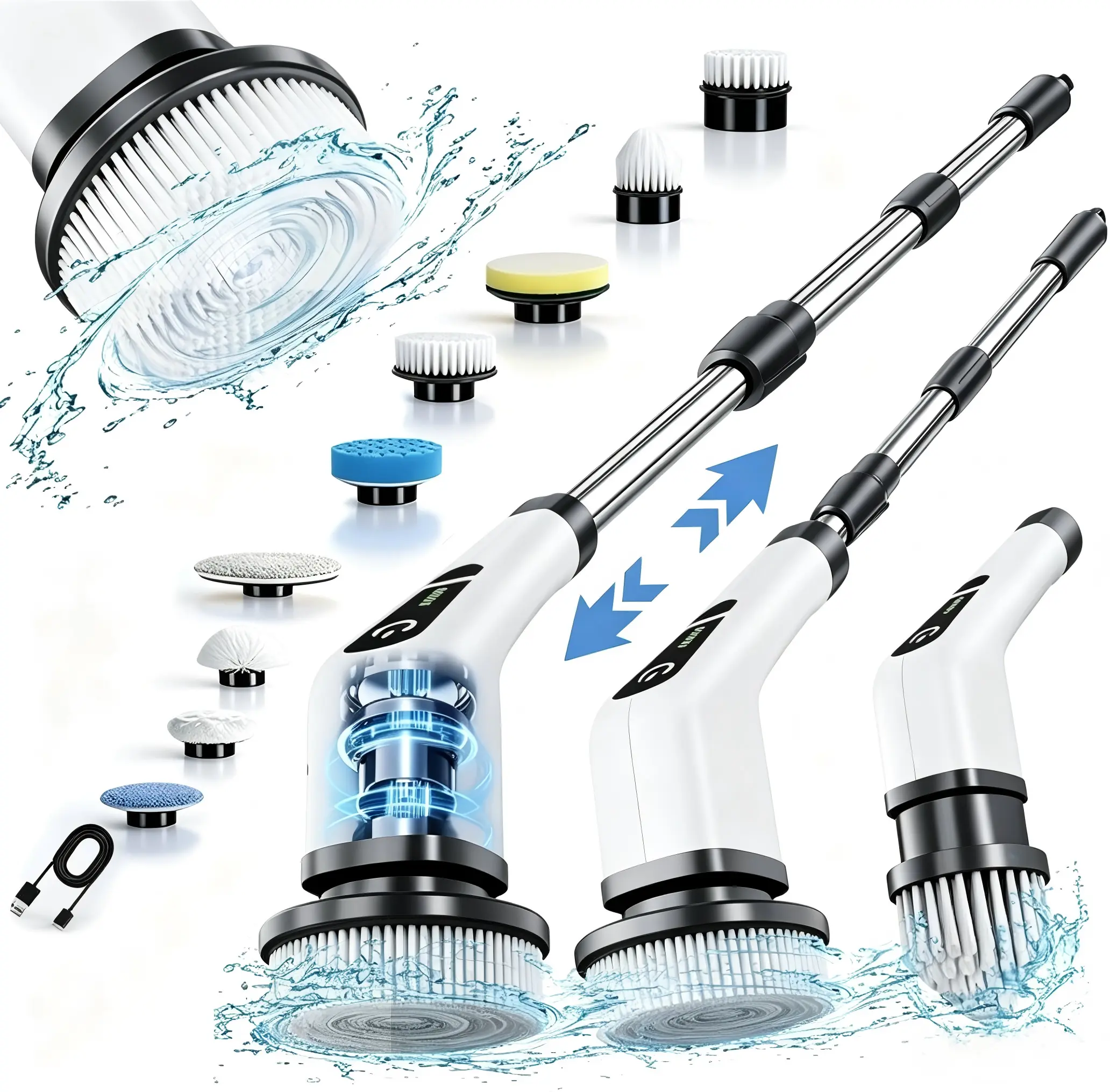Electric Spin Scrubber, Cordless Shower Scrubber, IPX7 Waterproof Power Scrubber with 9 Replaceable Brush Heads, 5 Speed Electric Cleaning Brush, Extendable Handle for Bathroom, Tile, Tub, Floor, Kitchen Cleaning.BackToSchool tiktokshopbacktoschool