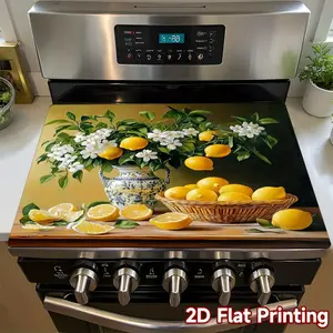 1pc Lemon & Lemon Blossom Still Life Stove Top Mat - Non-Slip Stovetop, Lemon Tree Branch Design with Lemons & Flowers, Yellow/Green/Grey Durable Polyester Appliance Cover for / Burner, Fits / Cooktops, 2D Flat
