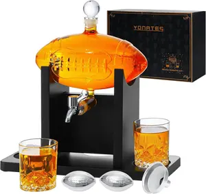 Football Whiskey Decanter Set, 47oz Liquor Decanter Set with 2 Glasses + 2 Footballs Chillers, Gifts for Men, Dad, Husband, Boyfriend, Coach, for Liquor, Bourbon, Scotch, Vodka, FIFA World Cup
