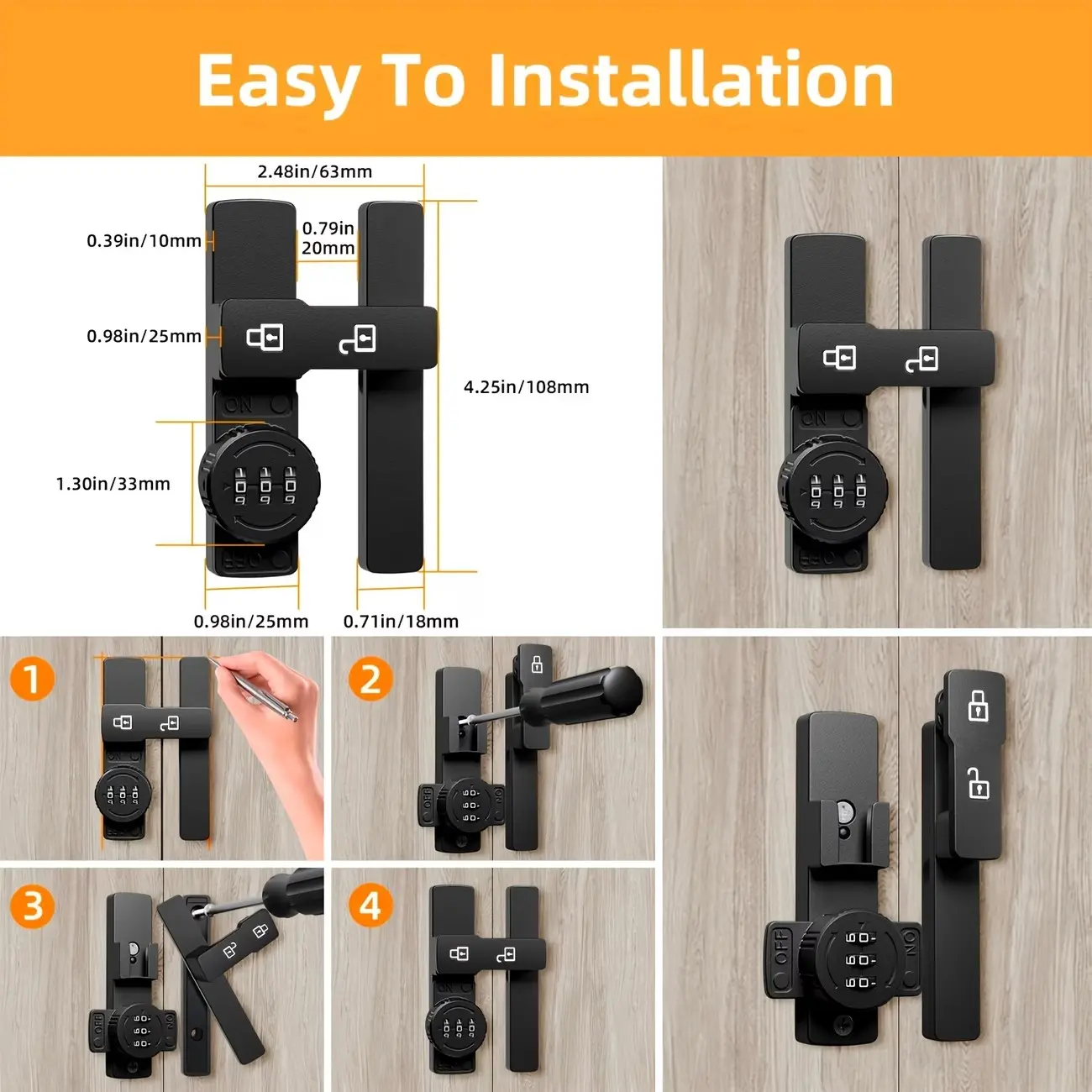 Combination Padlock Door Lock and Latch, 180-Degree Sliding French-Style Barn Door Lock, 3-Digit Combination Lock, Luminous Indicator