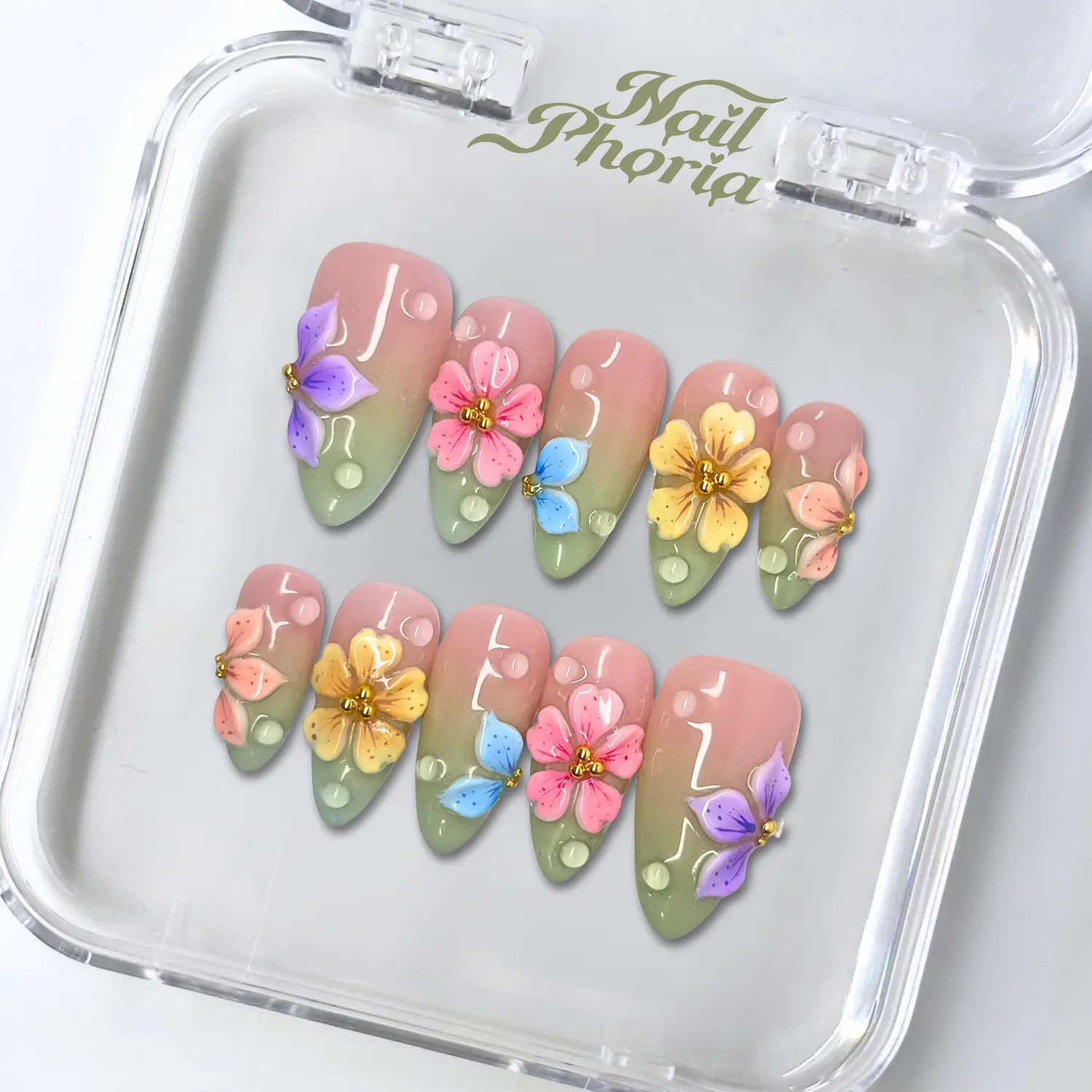 NailPhoria PETALS IN PASTEL - Spring Handmade Press-On Nails | Reusable, Salon-Quality, Long-Lasting, Glossy Design