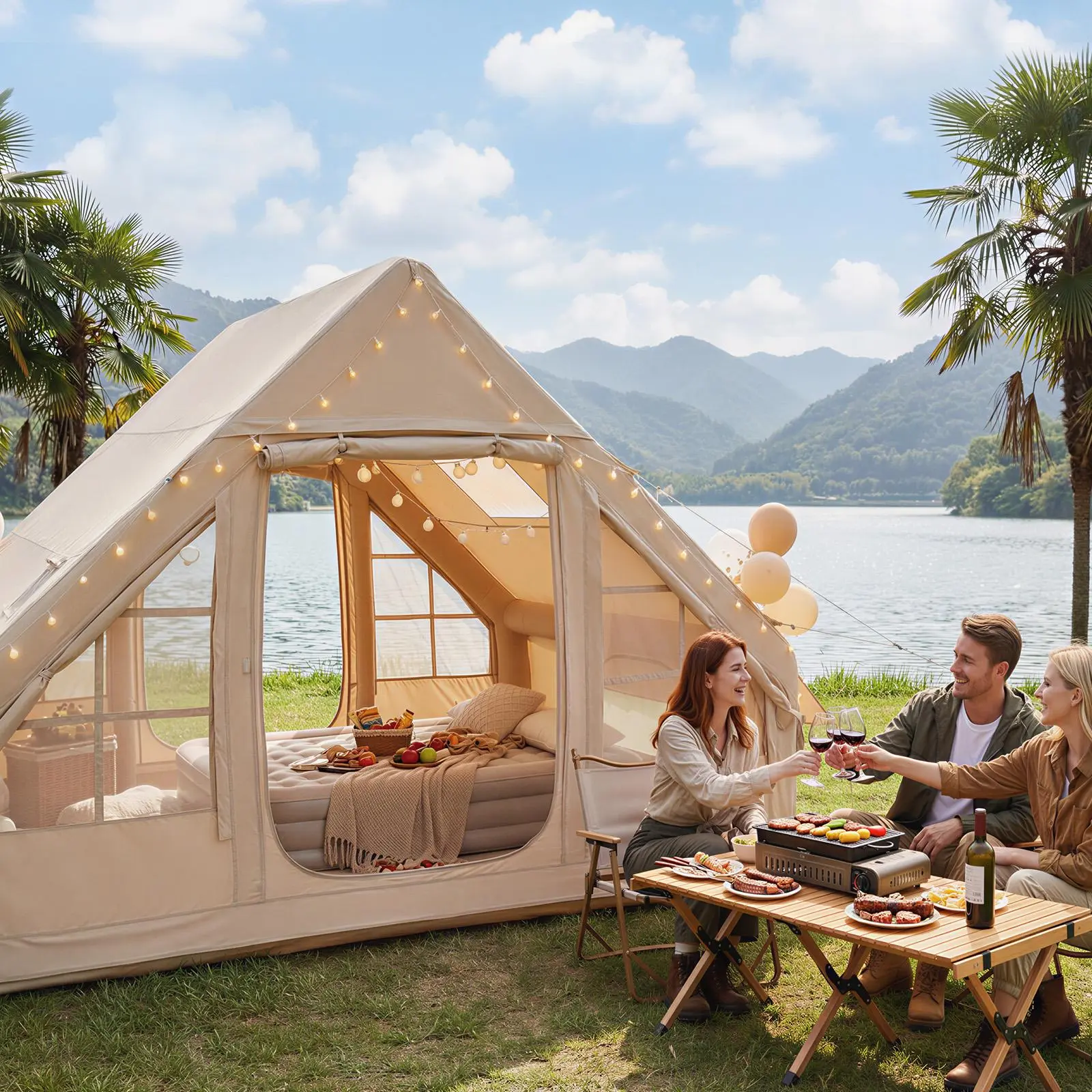 Aoxun Inflatable Glamping Popup Dome Tent - 4-8 Person Family Breathable Waterproof Camping Tent, Instant Setup, Windproof, UV-Protected Lightweight Portable Beach Shelter, Breathable Waterproof Tent, Beach Tent