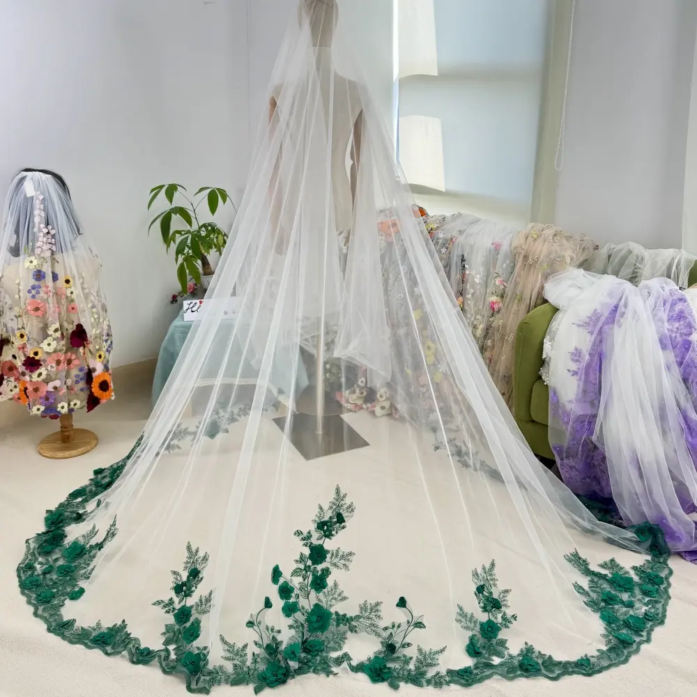 Dramatic scarlet cathedral veil,romantic wedding veil,traditional style bridal veil,delicate floral lace bridal veil