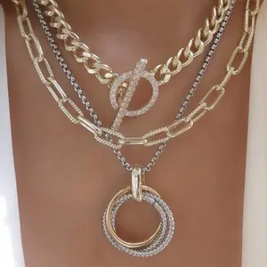 Shop The Look- 14K Gold Plated CZ Stone Paved Toggle Necklace and Triple Open Metal Circle Link Pendant Double Layered Toggle Necklace