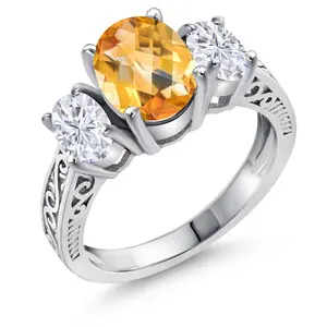 Gem Stone King Gemstone Birthstone and White Moissanite 3-Stone Engagement Ring | 925 Sterling Silver | Three Stone Wedding Anniversary Promise Ring For Women | Oval 9X7MM and 6X4MM | Available in Size 5-9