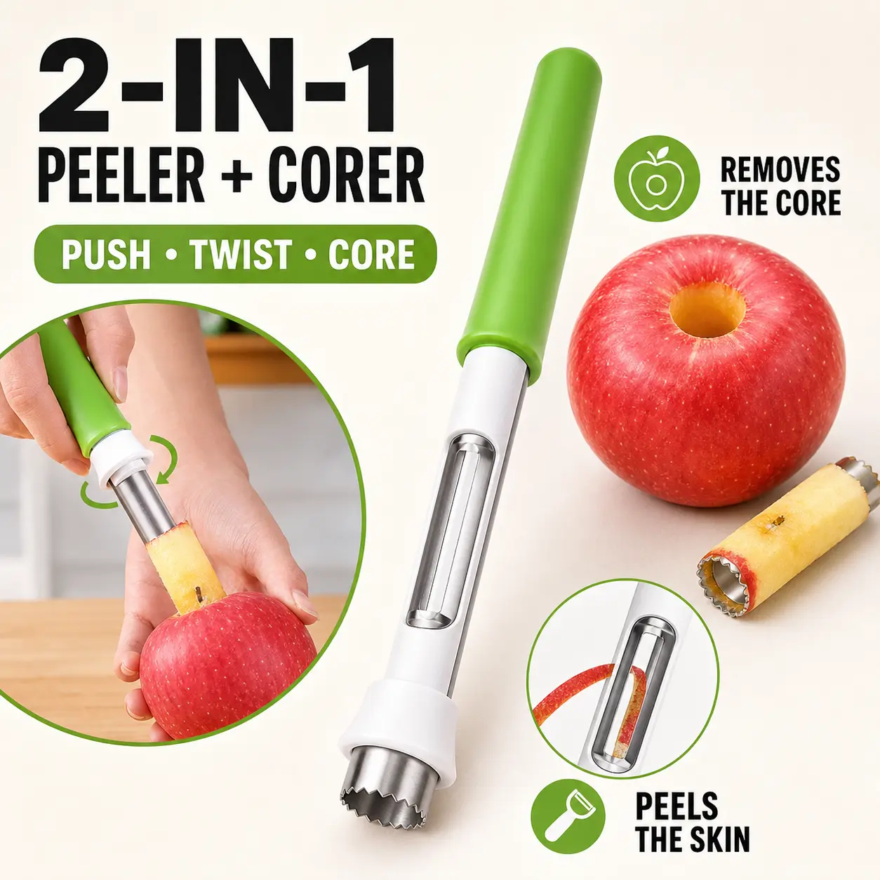 2-in-1 Dual Function Kitchen Utensil, Stainless Steel Handheld Fruit Peeler & Apple Corer with Comfort Grip for Potatoes, Apples, Avocados, and Everyday Prep