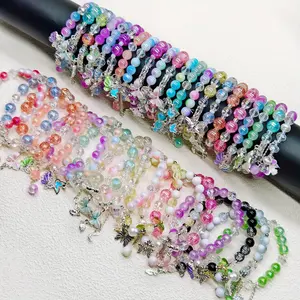 13/33pcs Mix Color Beaded Bracelet Set with Butterfly Pendant, Elastic Adjustable Fashion Accessory, Perfect Gift for Women