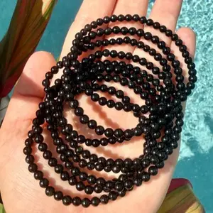 Natural Black Tourmaline 4mm Beaded Stretch Bracelet | Dainty Black Gemstone Jewelry