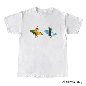 Cody Maverick & Chicken Joe Surf’s Up Vintage Graphic Tee, Retro Surf Cartoon T-Shirt, Beach Surfing Unisex Cotton Casual Streetwear Shirt