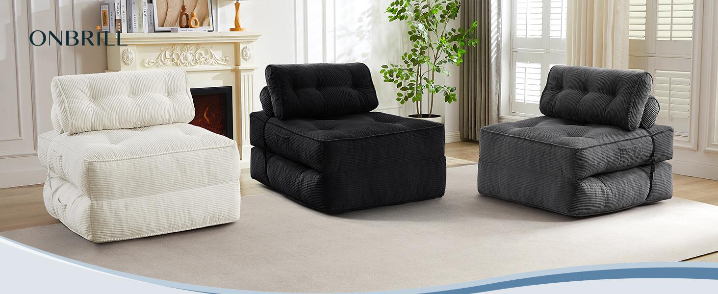 【SPOTLIGHT DAY】ONBRILL Folding Sofa Bed with Pillow, Convertible Sleeper Chair with Back Support, Corduroy Portable Fold Out Chair Bed, Comfy Floor Sofa Lounge for Living Room, Single