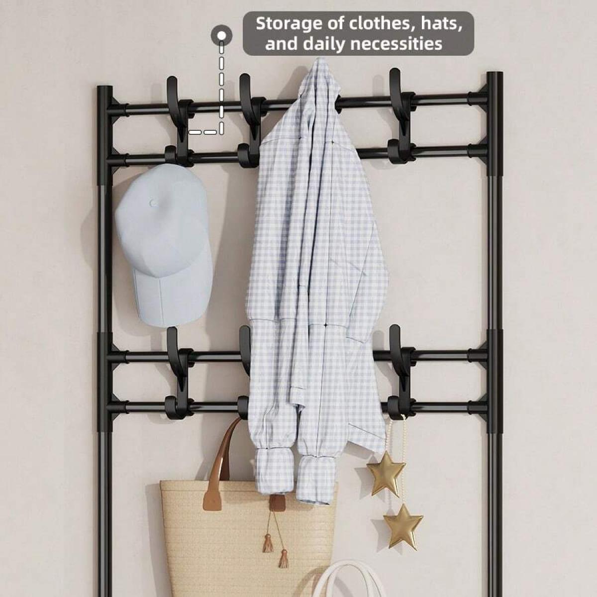 A 5-Tier Coat And Shoe Rack Combo with 8 Hooks, Suitable for Entryways, This Shoe Rack Features a Double-Row Storage Design for Homes, Bedrooms, And Offices. It Is a Freestanding Organizer That Can Hold Shoes, Clothes, Hats, And Bags