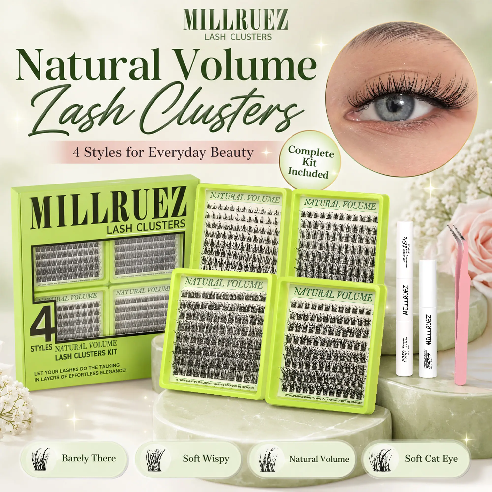 4 Nature Styles Lash Clusters Kit, Cat/ Deer/ Fairy/ Rabbit Eyelash Clusters Extensions with Everything You Need for Beginners and Proficient, DIY at Home Easily, #backtoschool