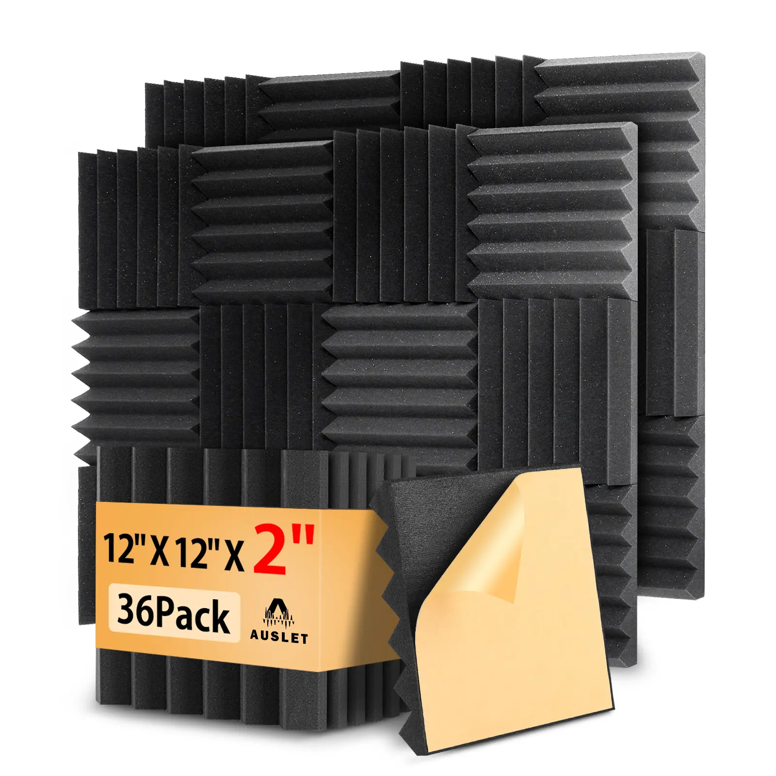 36 Pack Self-Adhesive Acoustic Foam Panels, 12 x 12 x 2 Inches High Density Wedge Sound Proof Foam Panels for Walls, Fire Resistant Soundproof Wall Panels for Home Office & Studio (Black)
