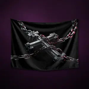 heavy gothic cross liquid metal chains tapestry silver chrome reflection wall hanging emo Y2K aesthetic room decor grunge alt dark style tapestry mall goth bedroom decor vampire aesthetic  wall art alternative aesthetic creepy tapestry accessories home