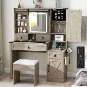 Farmhouse Makeup Vanity Desk with Sliding Mirror and Lights, 42" Glass Top Vanity Table with Charging Station & 4 Drawers & 2 Cabinets, Vintage Vanity Set for Bedroom, Driftwood Gray