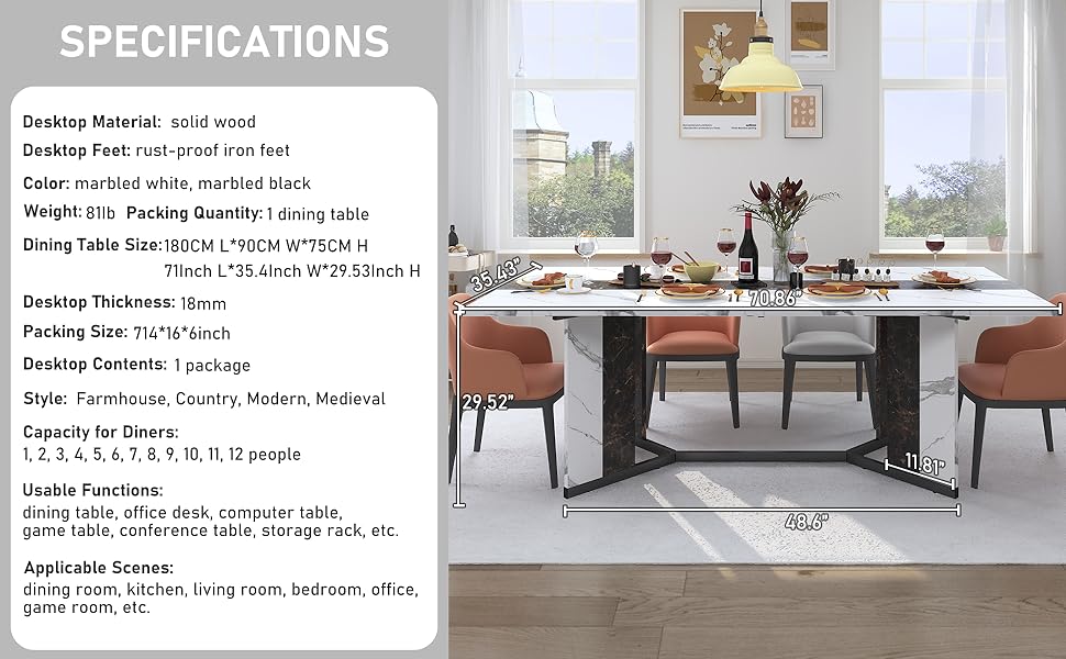 71" Large Luxurious Rectangular White Dining Table for 6-10 People with Marble-Color Wood Tabletop, Adjustable Metal Legs, Modern Design