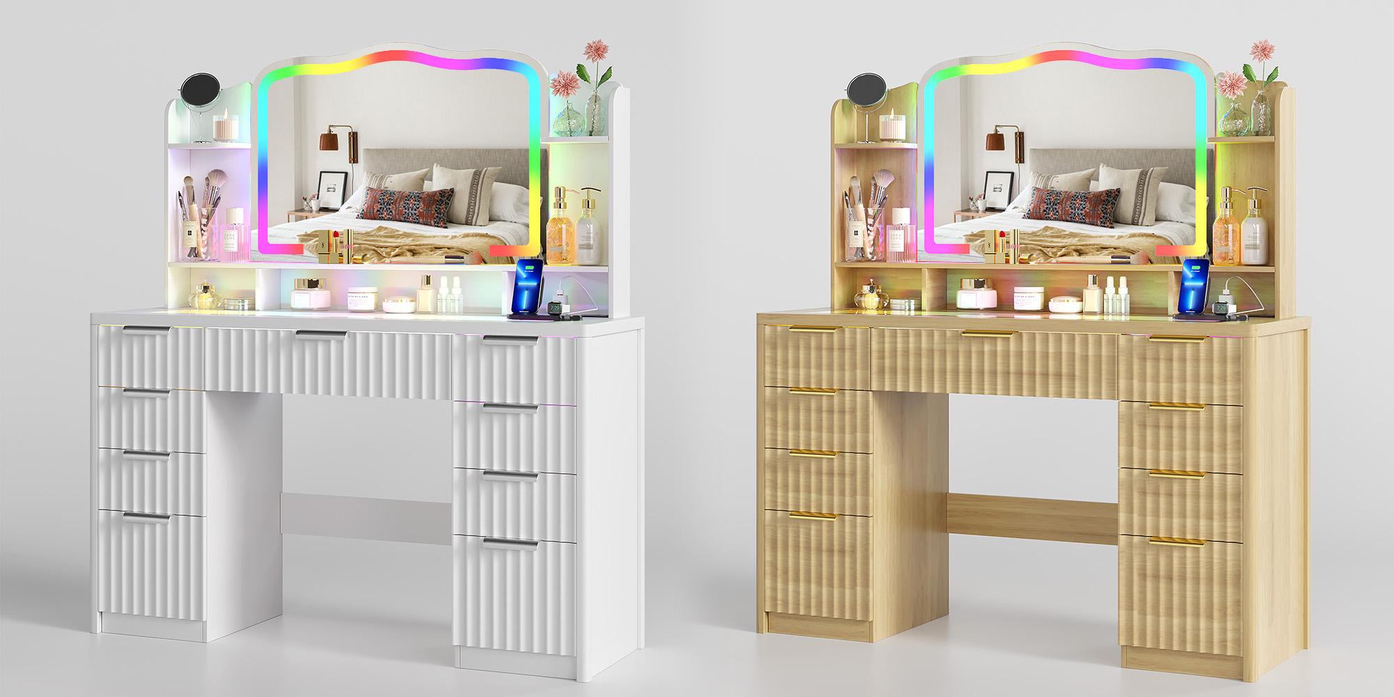 Fluted Makeup Vanity with large storage&RGB Lighting,Vanity Desk with 9 drawer, Jewelry Oraganizer,Open shelves&Charger Station,Dressing Table Gift for Women/Girls/Lady,White Fluted Makeup Vanity with large storage&RGB Lighting,Vanity Desk with 9 drawer, Jewelry Oraganizer,Open shelves&Charger Station,Dressing Table Gift for Women/Girls/Lady,White