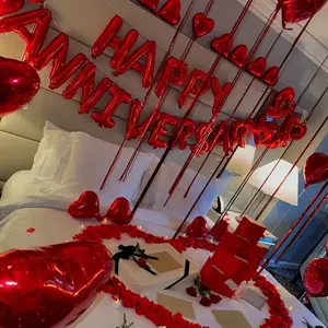 Anniversary Party Decorations Set – Happy Anniversary Banner, Red Felt Garland, and Heart-Shaped Balloons