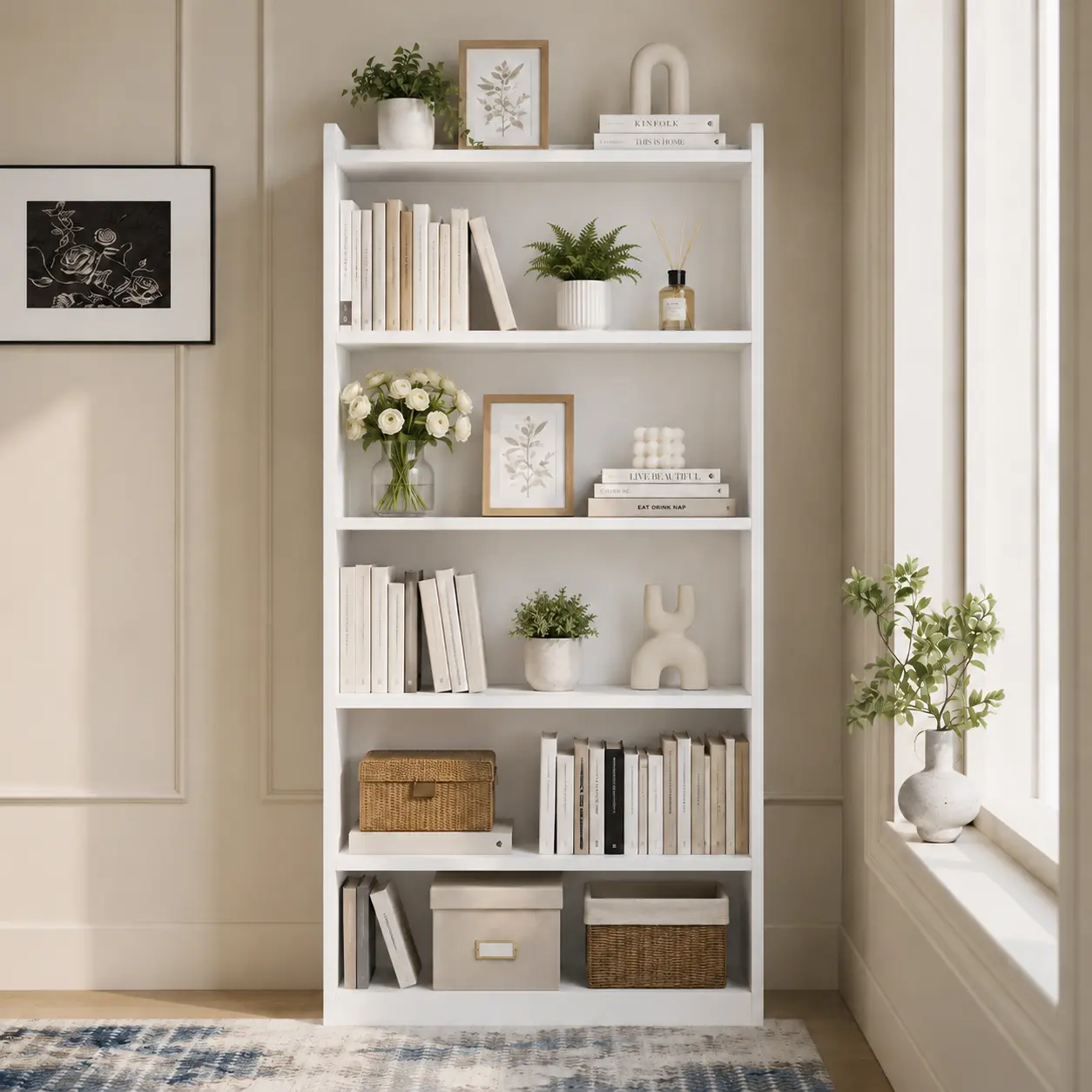 【Back To School】Costoffs Modern 6/7-Layer Veneer Wood Floor Standing Bookshelf - Rustic Office Furniture, Adjustable Open Shelves, Open Top, 22 lb Per Shelf, Raised Base,Space-Saving Small Room Ideas, Room Decor, Bedroom/Study Use, Shelves For Bedroom