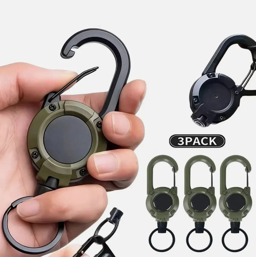 3-Pack Heavy-Duty Retractable Badge Reels, Unisex Carabiner Keychain Set with 60cm Steel Cord, 10oz Capacity, Saltwater-Resistant Military Look Accessories for Adults (Black/Military Green)