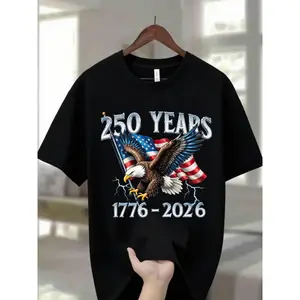 Navy Blue 100% Men's Round Neck T-Shirt with Eagle Pattern| 250 Years 1776- 2026 United States Flag Design, Ideal for Thanksgiving, Christmas, Summer, and Casual Attire, Men's Casual Comfortable T-Shirt