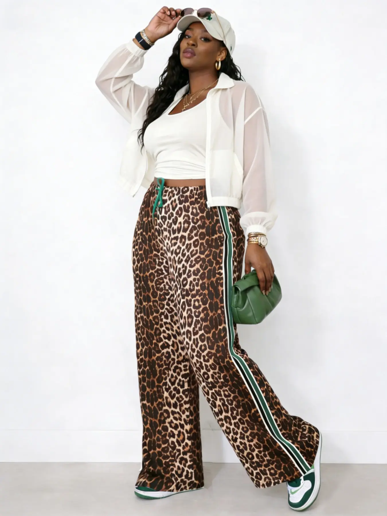 Leopard Print Side Stripe Wide Leg Stretchy Soft Casual Pants Bottoms