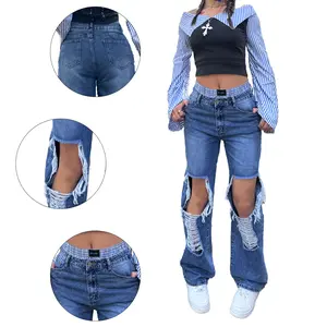 Women's High Waisted Heavy Distressed Wide-Leg Jeans - Medium Wash Casual Streetwear Pants